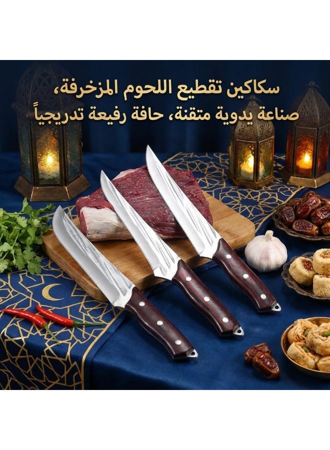 مجموعة سكاكين بثلاث قطع بنقوش المطرقة: سكين تقطيع، سكين إزالة العظام، وسكين بتصميم V مع غطاء واقٍ - Image 3